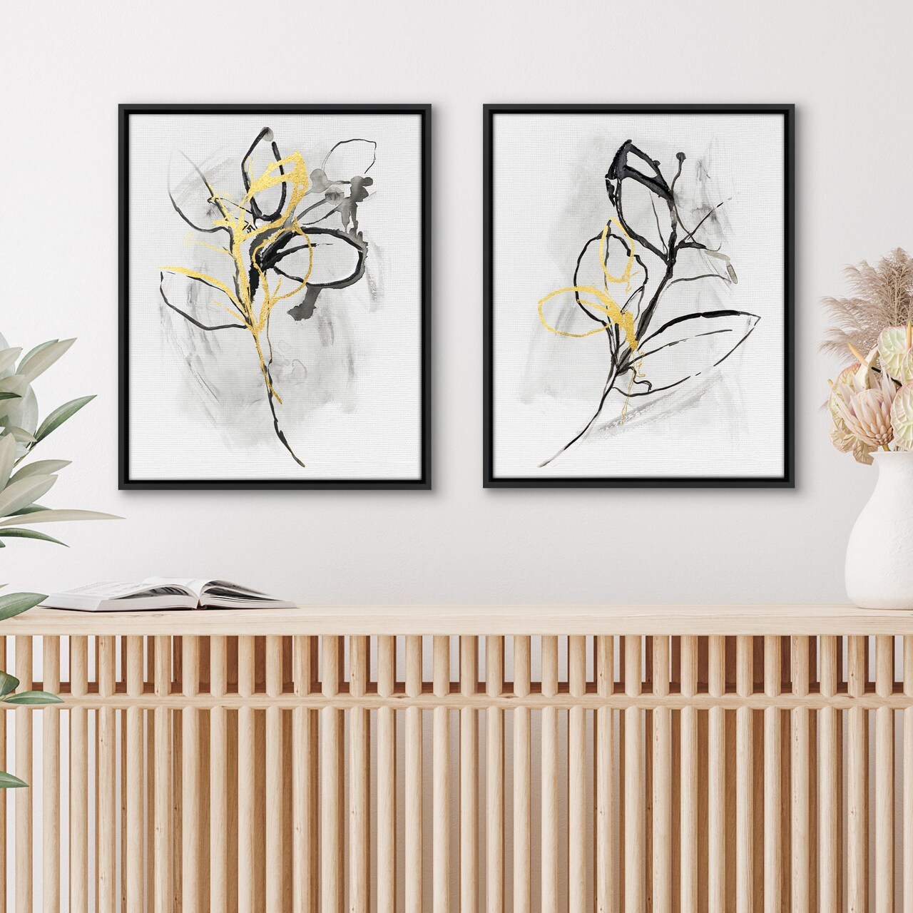 Americanflat Botanical Canvas Wall Art Featuring Black Line Flowers with Grey Hand-Painted and Gold Foil Accents - Set of 2 - Modern Wall Art